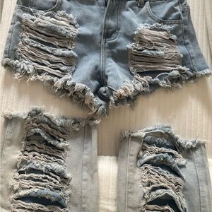Distressed Denim Women Shorts + Denim Leg Warmers Set